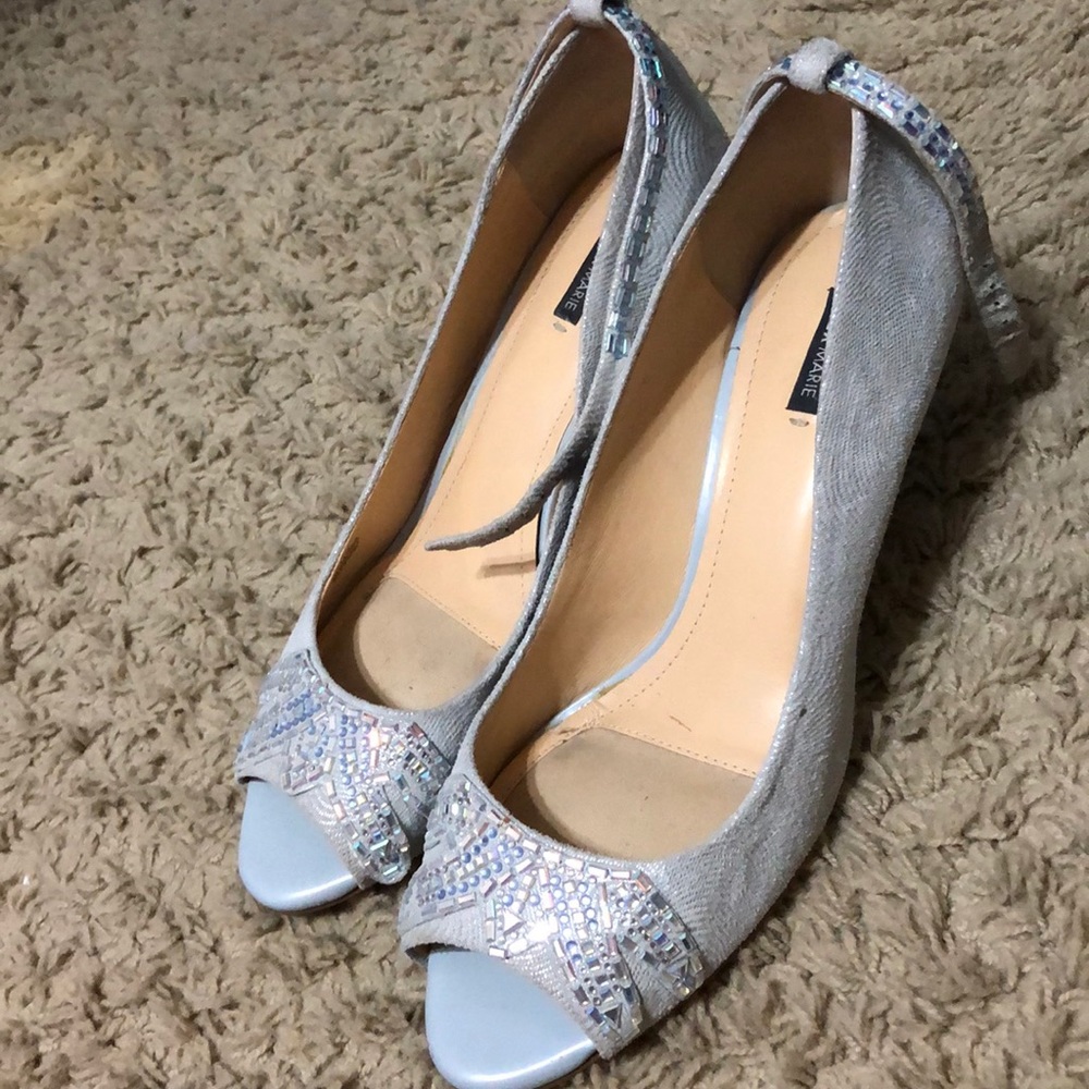 Open toe silver kitten heels